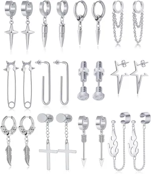 12 Pairs Stainless Steel Classic Dangle Earrings for Men Punk Gothic Long Chain Piercing Drop Earring Set Hinged Hoop Huggies Earring Jewelry Gift Silver Black Tone