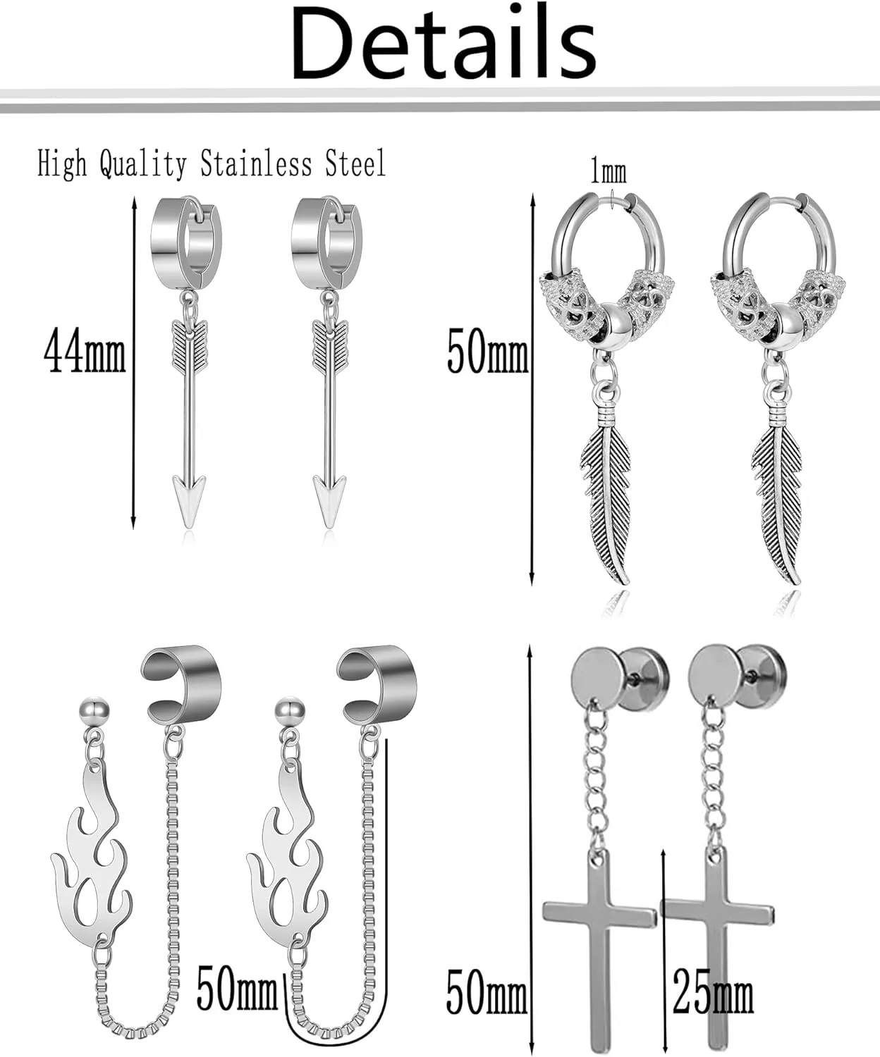 12 Pairs Stainless Steel Classic Dangle Earrings for Men Punk Gothic Long Chain Piercing Drop Earring Set Hinged Hoop Huggies Earring Jewelry Gift Silver Black Tone