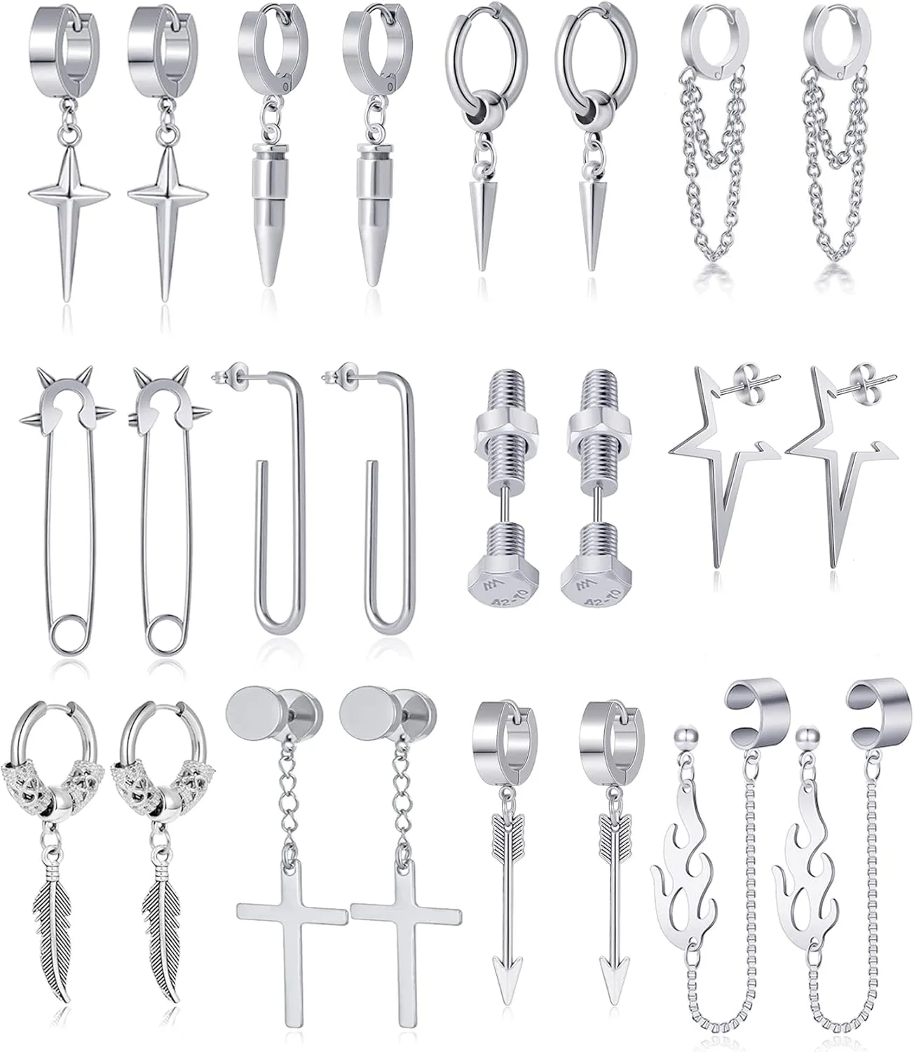 12 Pairs Stainless Steel Classic Dangle Earrings for Men Punk Gothic Long Chain Piercing Drop Earring Set Hinged Hoop Huggies Earring Jewelry Gift Silver Black Tone
