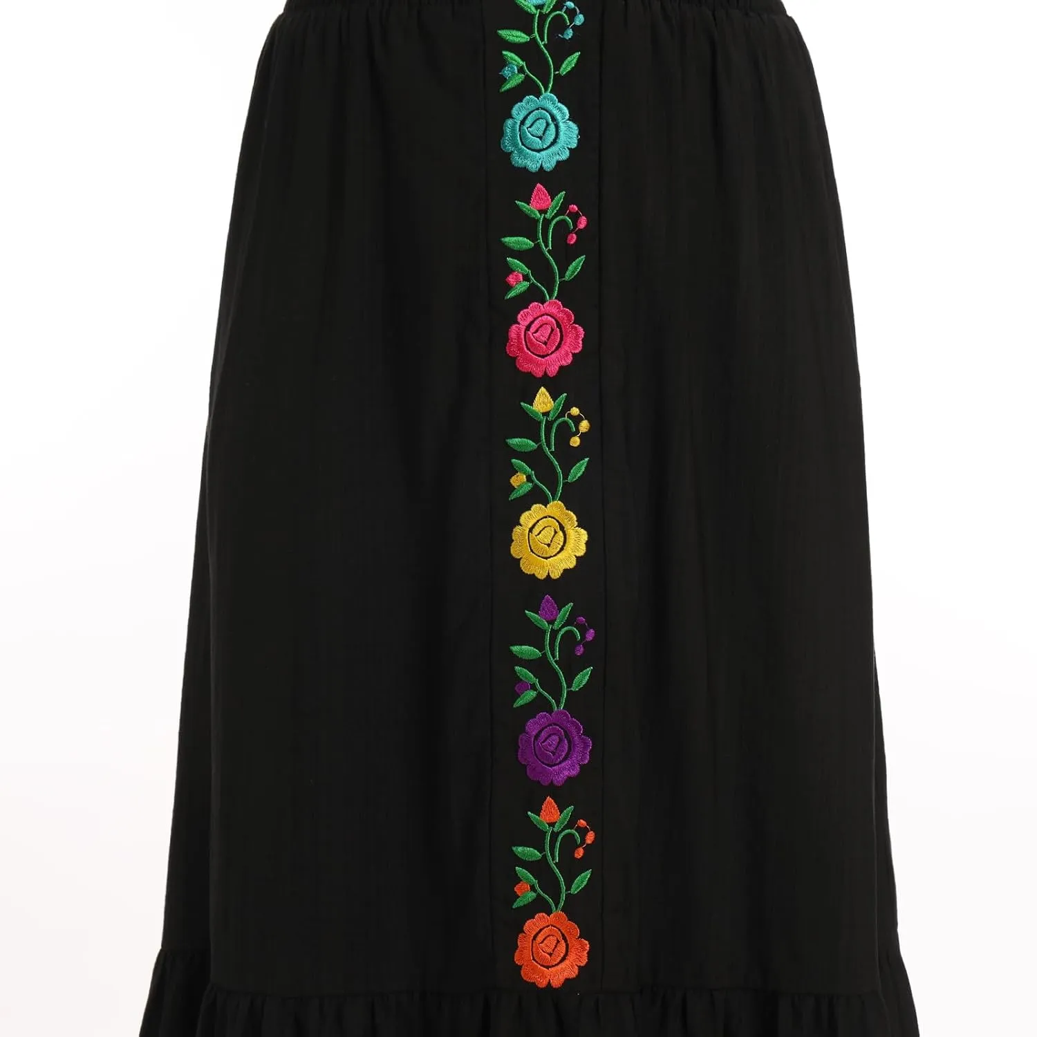 ABAFIP Women's Mexican Embroidered Dress Ruffle Wrap V-Neck Smocked Waist Floral Embroidery Casual Dress