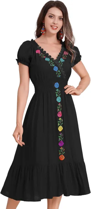 ABAFIP Women's Mexican Embroidered Dress Ruffle Wrap V-Neck Smocked Waist Floral Embroidery Casual Dress
