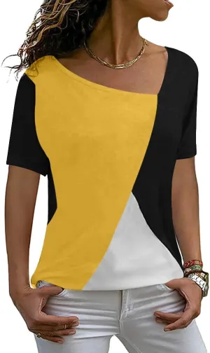 AYIFU Womens Summer Tops Short Sleeve Casual Shirts Asymmetric Neck Color Block Tunic