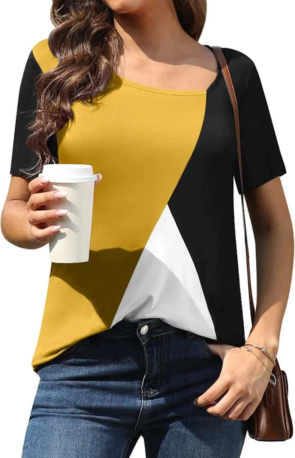AYIFU Womens Summer Tops Short Sleeve Casual Shirts Asymmetric Neck Color Block Tunic