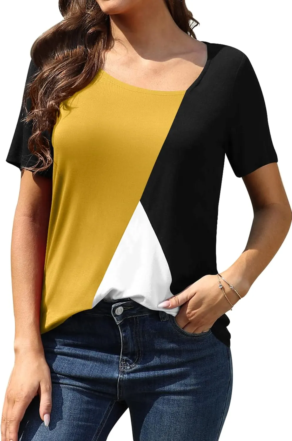 AYIFU Womens Summer Tops Short Sleeve Casual Shirts Asymmetric Neck Color Block Tunic
