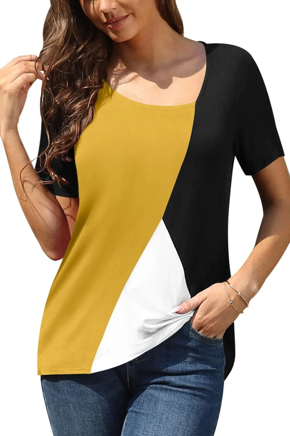 AYIFU Womens Summer Tops Short Sleeve Casual Shirts Asymmetric Neck Color Block Tunic