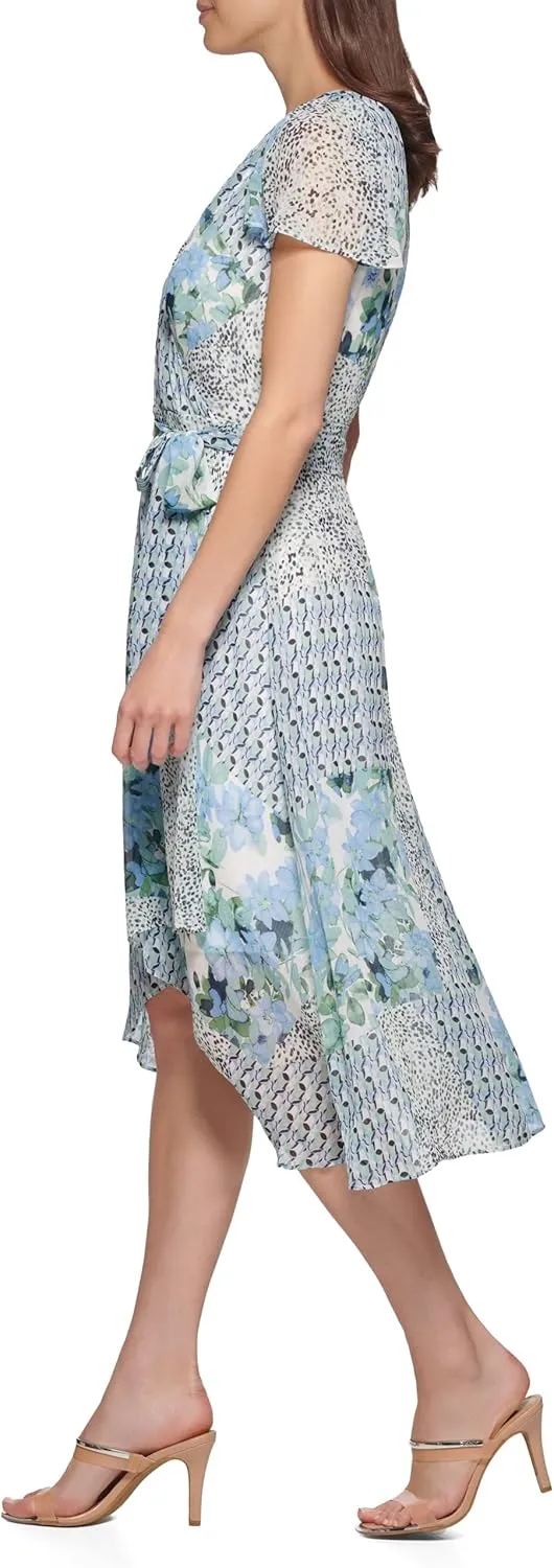 DKNY Women's Short Sleeve Asymmetrical Hem Faux Wrap Dress