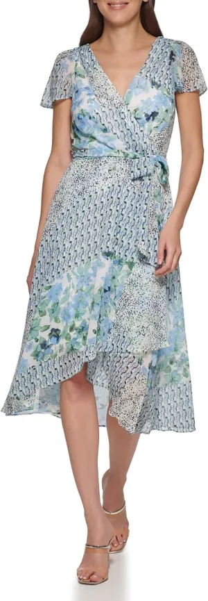 DKNY Women's Short Sleeve Asymmetrical Hem Faux Wrap Dress