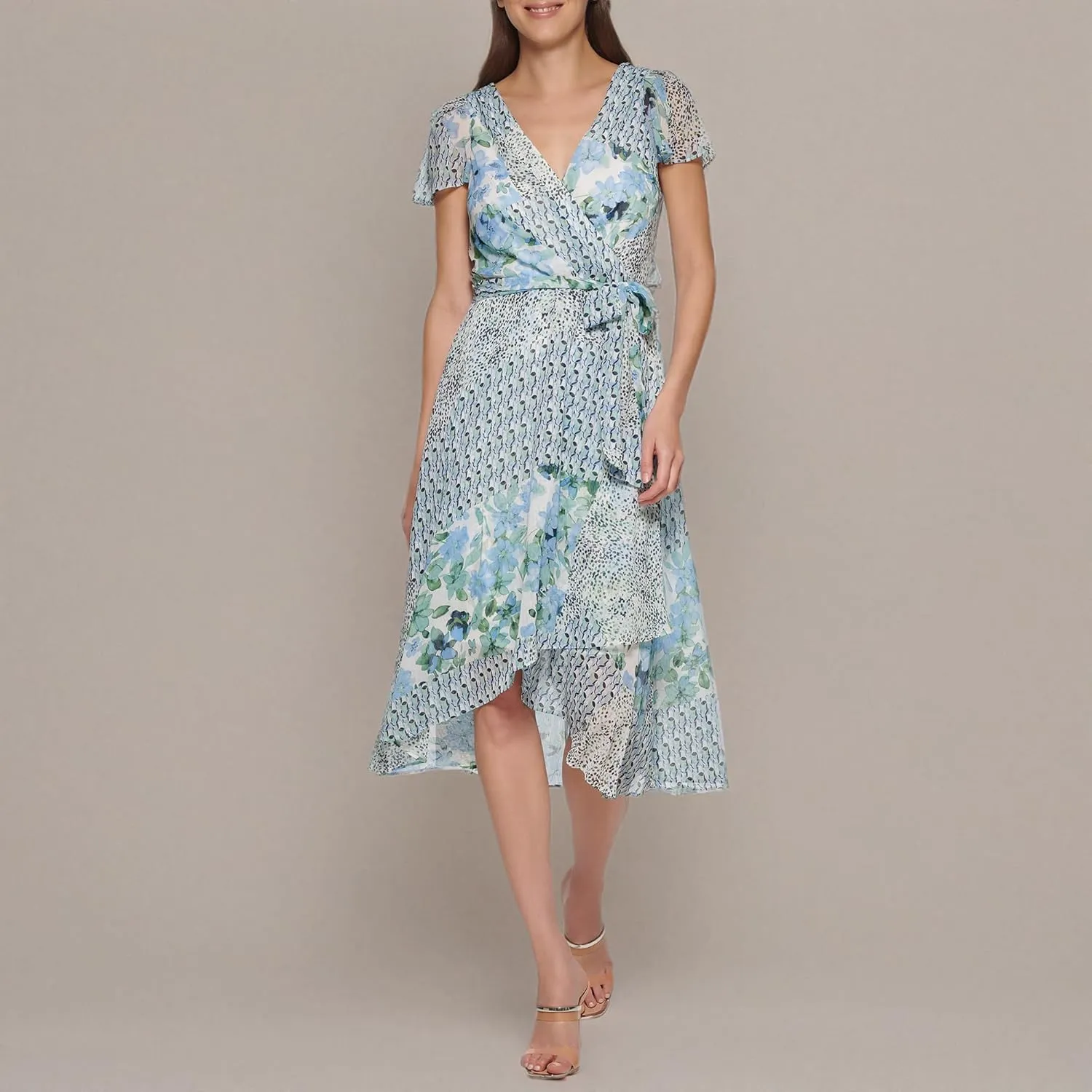 DKNY Women's Short Sleeve Asymmetrical Hem Faux Wrap Dress