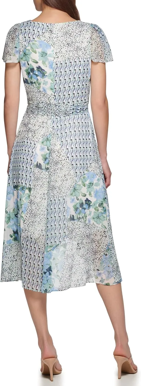 DKNY Women's Short Sleeve Asymmetrical Hem Faux Wrap Dress