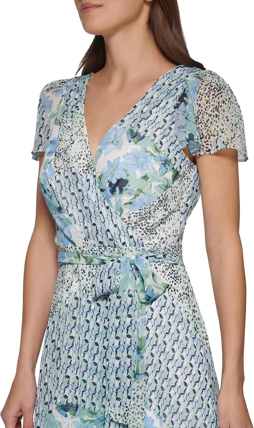 DKNY Women's Short Sleeve Asymmetrical Hem Faux Wrap Dress
