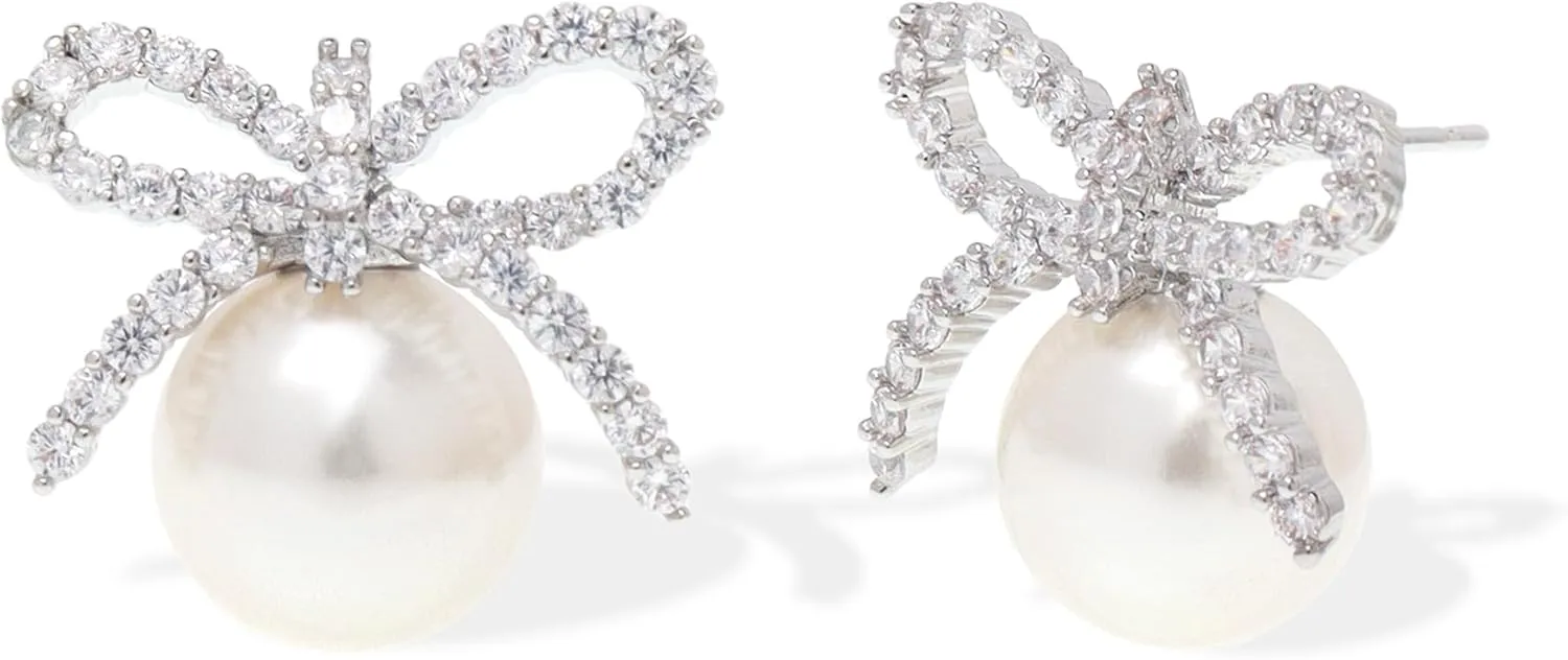 Jean Beau Gold Silver Pearl Bow Stud Earrings for Women, Dainty Pearls CZ Earring Wedding Prom Fashion Jewelry Gift