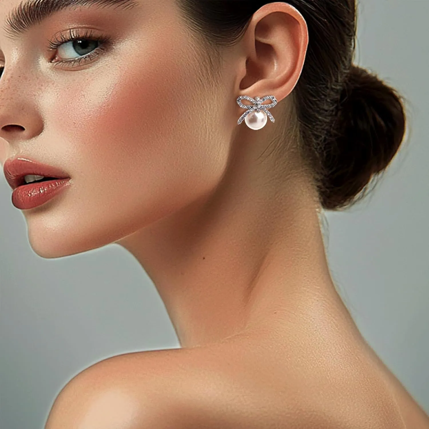 Jean Beau Gold Silver Pearl Bow Stud Earrings for Women, Dainty Pearls CZ Earring Wedding Prom Fashion Jewelry Gift
