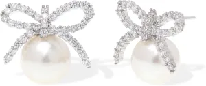 Jean Beau Gold Silver Pearl Bow Stud Earrings for Women, Dainty Pearls CZ Earring Wedding Prom Fashion Jewelry Gift