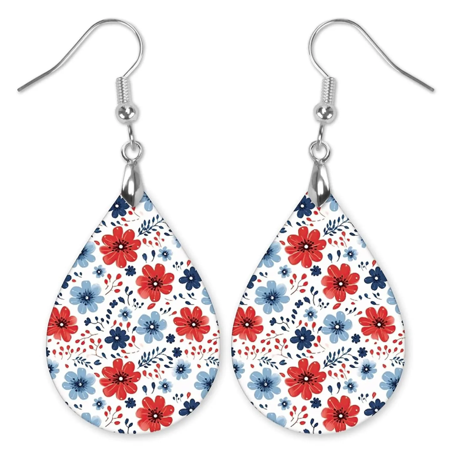July 4th Earrings for Women Patriotic Jewelry Dangle Memorial Day Red White Blue for Summer Birthday Gift Graduation Handmade by The Painted Pug (White Red Blue Floral)