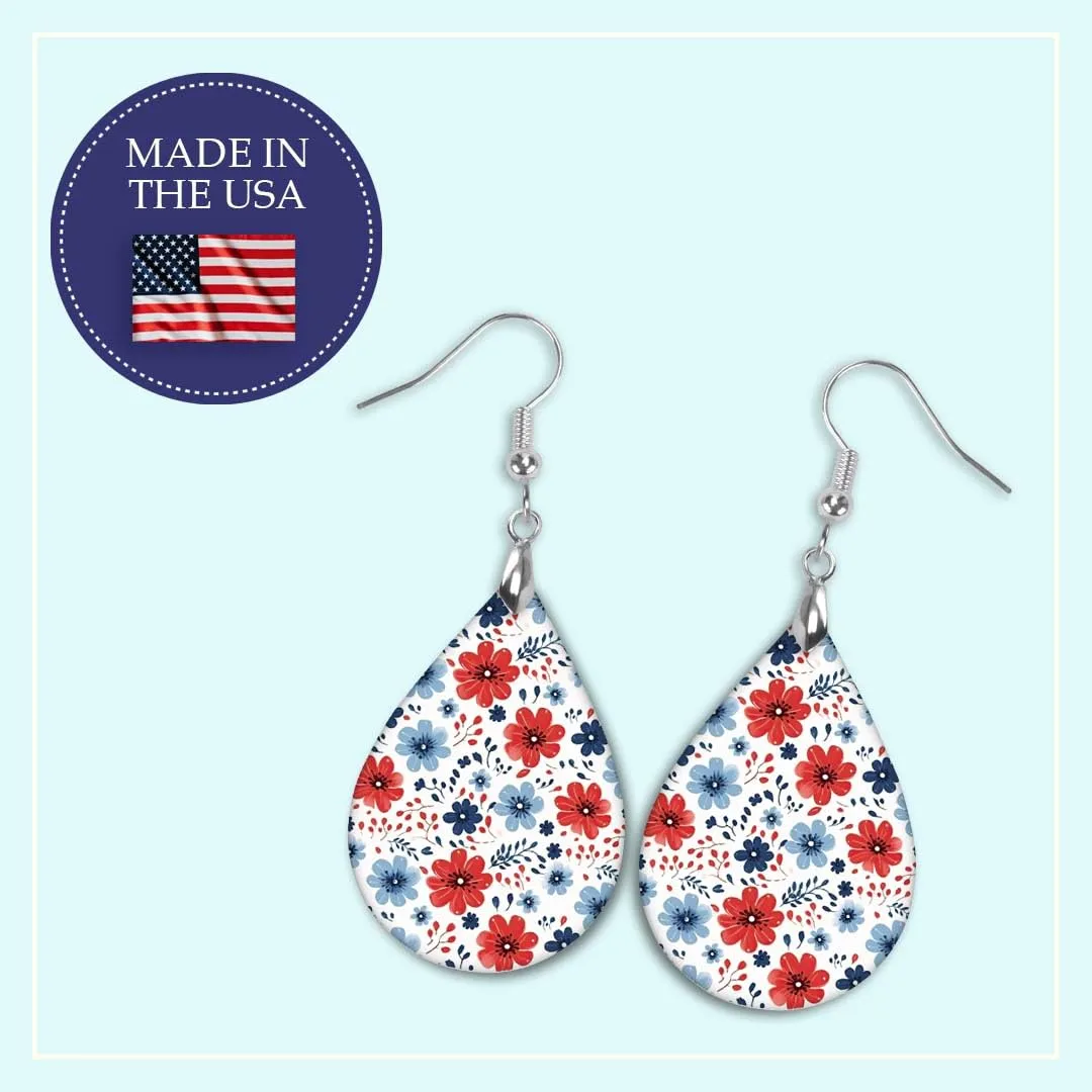 July 4th Earrings for Women Patriotic Jewelry Dangle Memorial Day Red White Blue for Summer Birthday Gift Graduation Handmade by The Painted Pug (White Red Blue Floral)