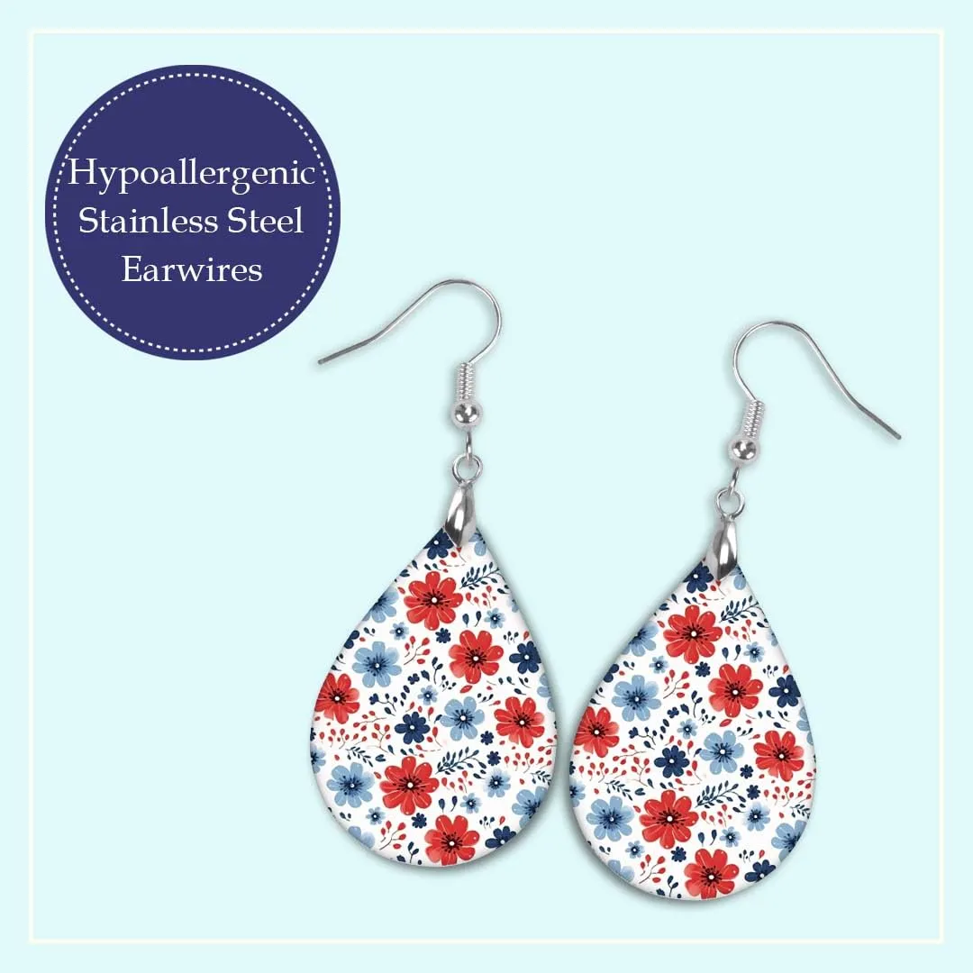 July 4th Earrings for Women Patriotic Jewelry Dangle Memorial Day Red White Blue for Summer Birthday Gift Graduation Handmade by The Painted Pug (White Red Blue Floral)