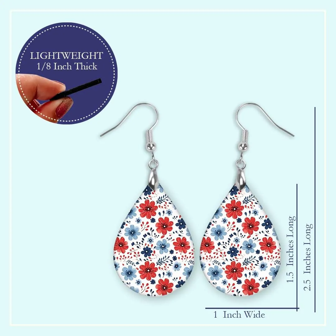 July 4th Earrings for Women Patriotic Jewelry Dangle Memorial Day Red White Blue for Summer Birthday Gift Graduation Handmade by The Painted Pug (White Red Blue Floral)