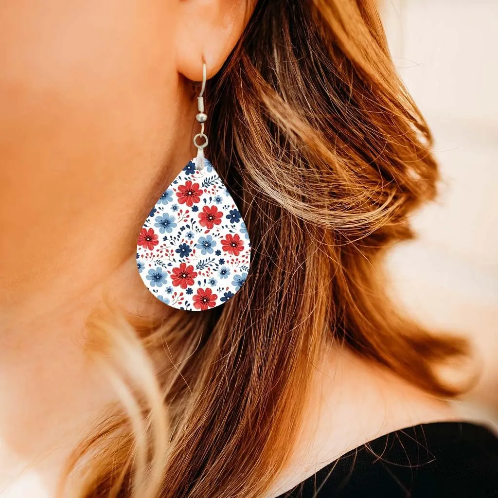 July 4th Earrings for Women Patriotic Jewelry Dangle Memorial Day Red White Blue for Summer Birthday Gift Graduation Handmade by The Painted Pug (White Red Blue Floral)