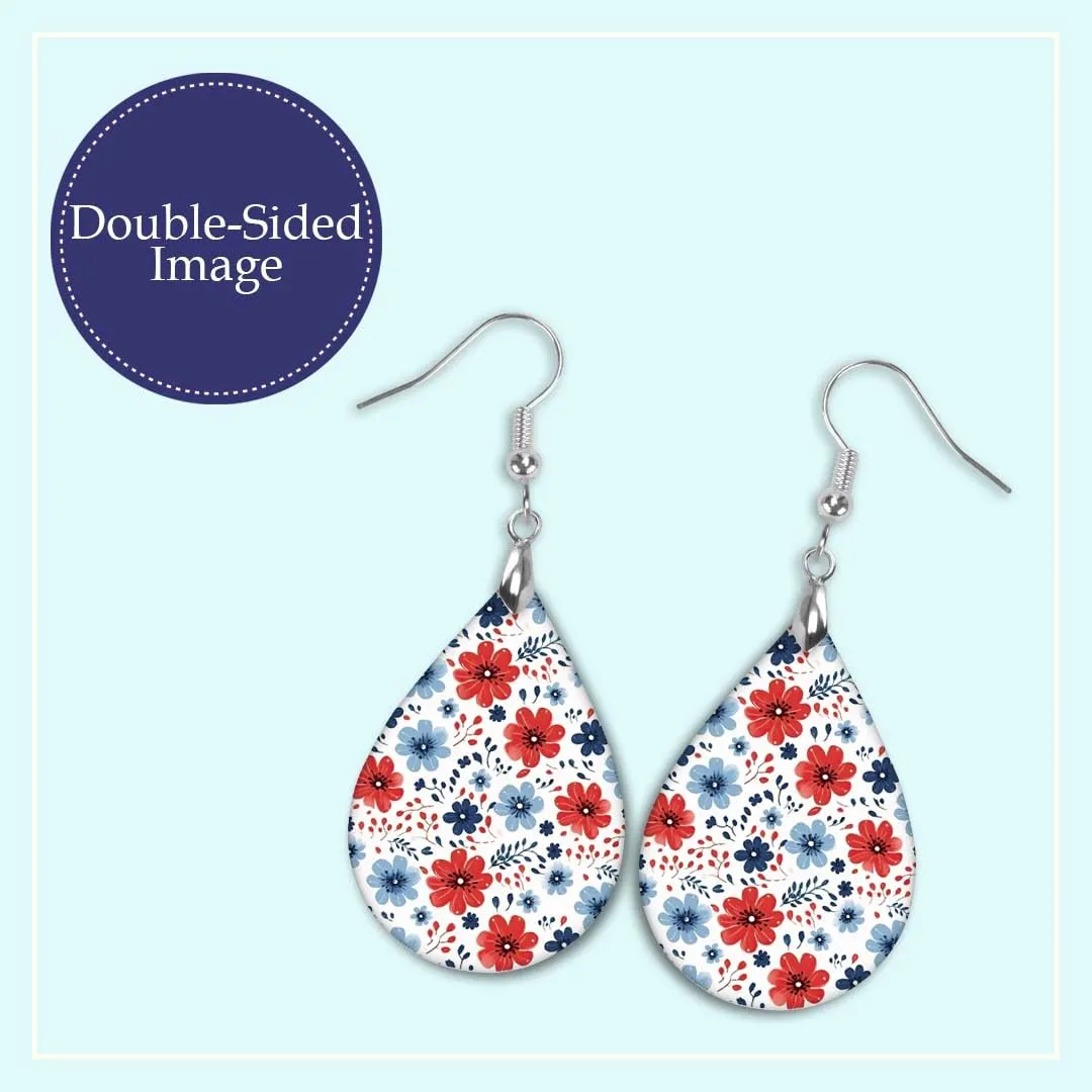 July 4th Earrings for Women Patriotic Jewelry Dangle Memorial Day Red White Blue for Summer Birthday Gift Graduation Handmade by The Painted Pug (White Red Blue Floral)