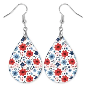 July 4th Earrings for Women Patriotic Jewelry Dangle Memorial Day Red White Blue for Summer Birthday Gift Graduation Handmade by The Painted Pug (White Red Blue Floral)