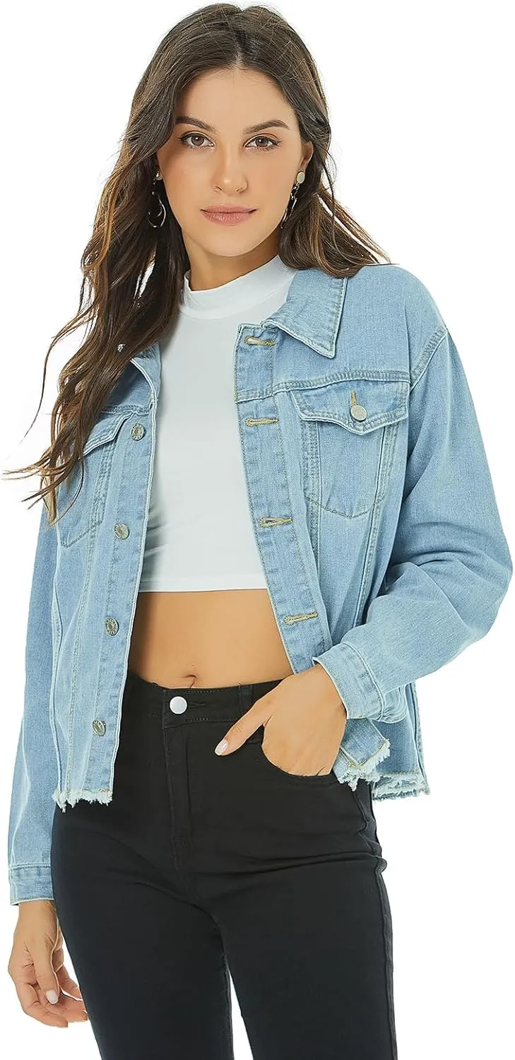 LONGYIDA Women's Cropped Denim Jacket | Distressed Button-Down Jean Jacket | Long Sleeve Ripped & Frayed Blue Coat