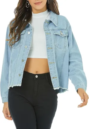 LONGYIDA Women's Cropped Denim Jacket | Distressed Button-Down Jean Jacket | Long Sleeve Ripped & Frayed Blue Coat