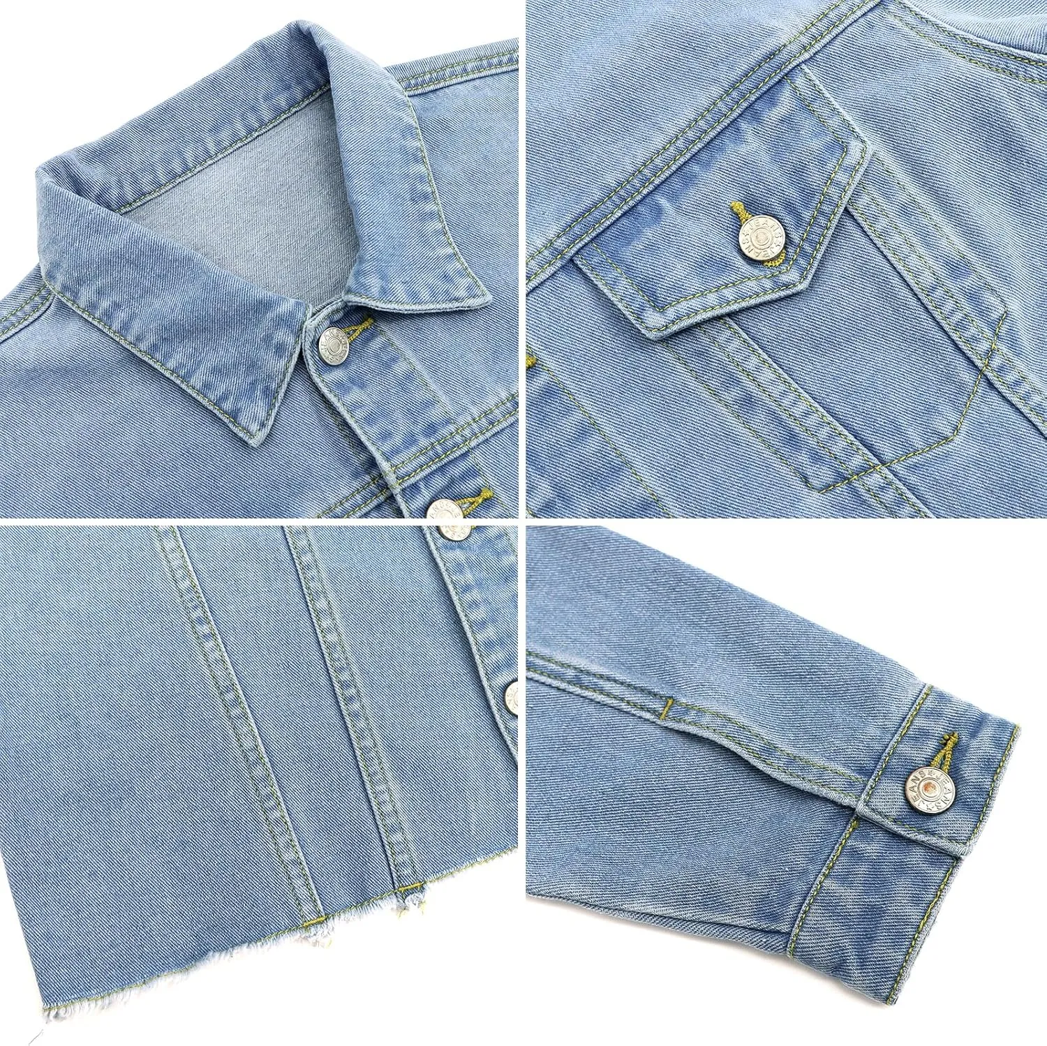 LONGYIDA Women's Cropped Denim Jacket | Distressed Button-Down Jean Jacket | Long Sleeve Ripped & Frayed Blue Coat