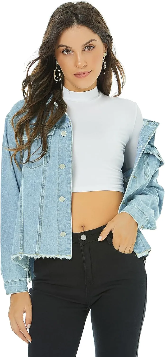 LONGYIDA Women's Cropped Denim Jacket | Distressed Button-Down Jean Jacket | Long Sleeve Ripped & Frayed Blue Coat