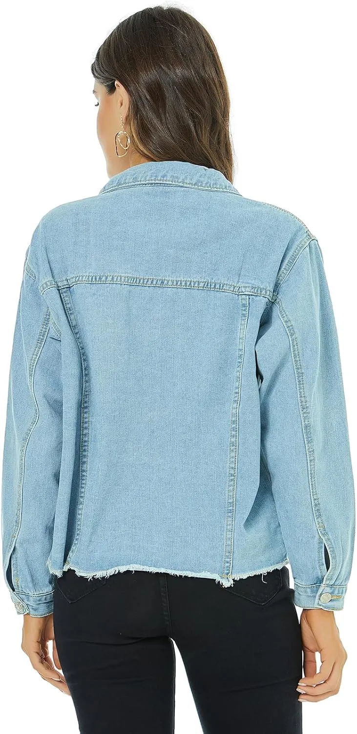 LONGYIDA Women's Cropped Denim Jacket | Distressed Button-Down Jean Jacket | Long Sleeve Ripped & Frayed Blue Coat