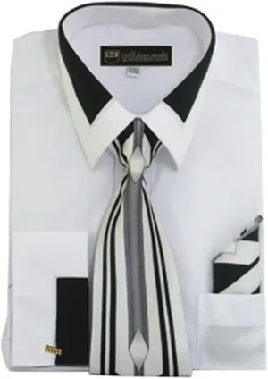 Men's Fashion Dress Shirt With Contrast Design Tie Hankie & Cuffs