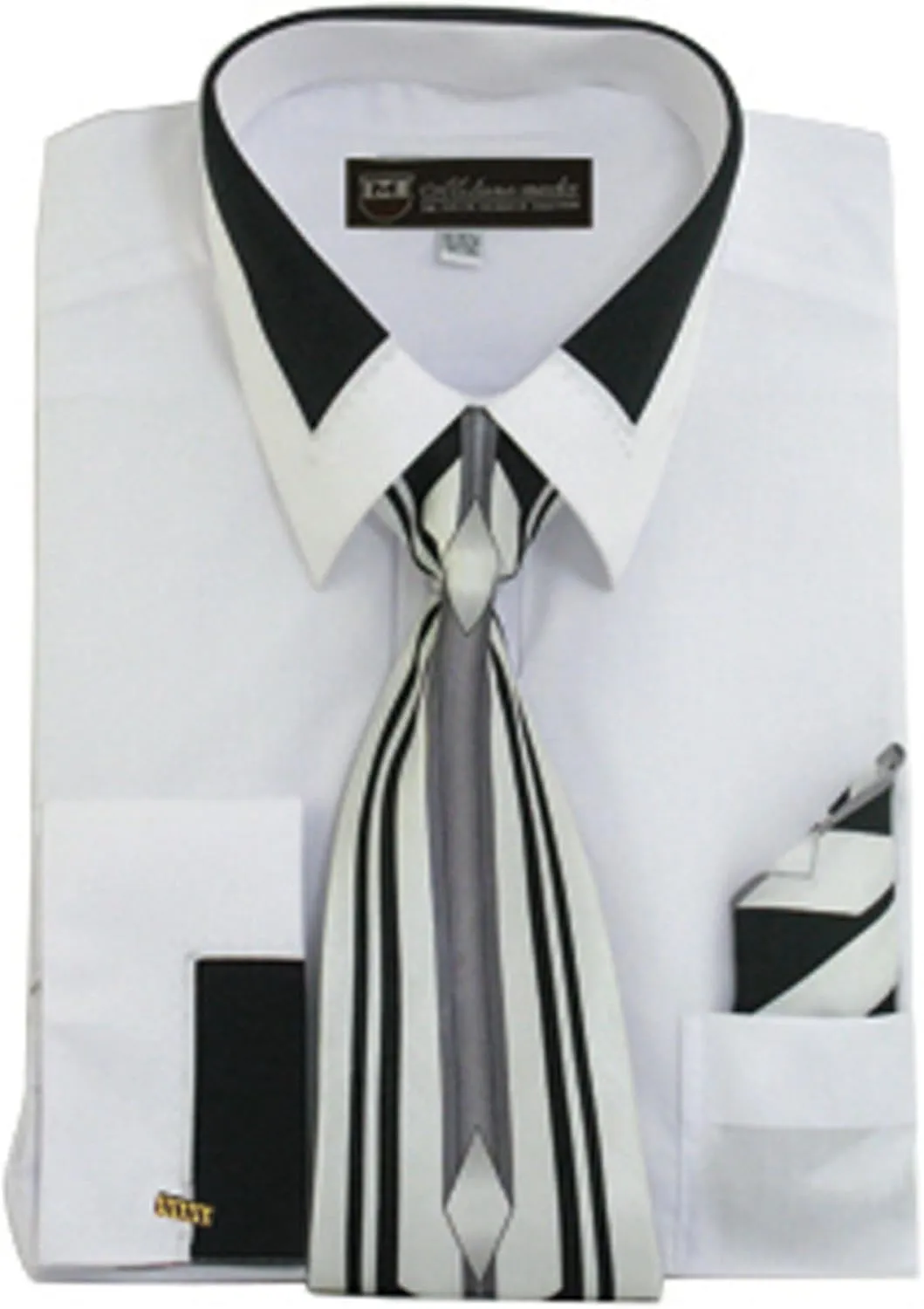 Men's Fashion Dress Shirt With Contrast Design Tie Hankie & Cuffs