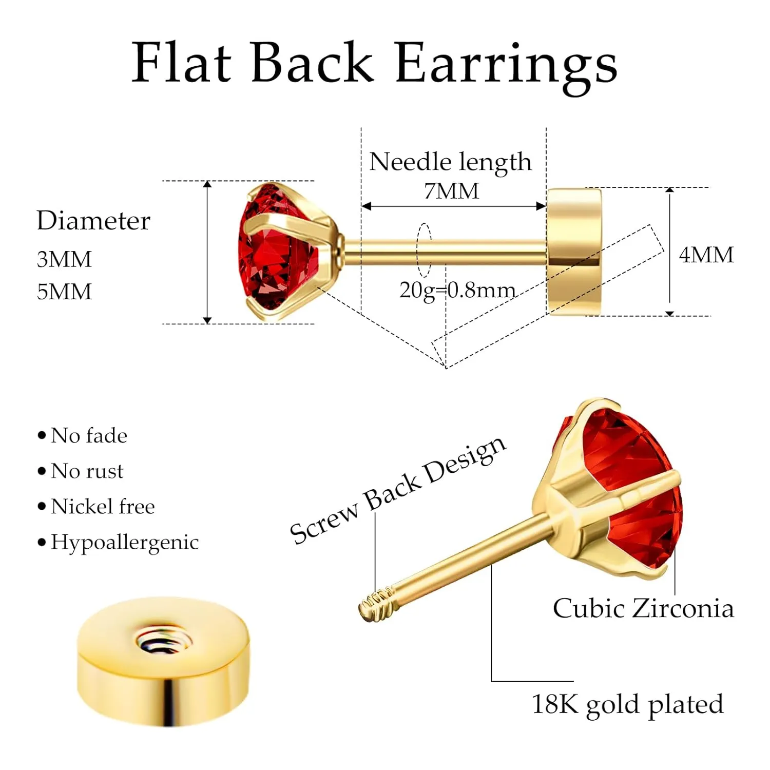 Red Stud Earrings for Women, Red Earrings as Flat Back Stud Earrings for Women, 18k Gold Hypoallergenic Earrings as Prom Jewelry and Birthday Gifts for Her, 2 Pairs