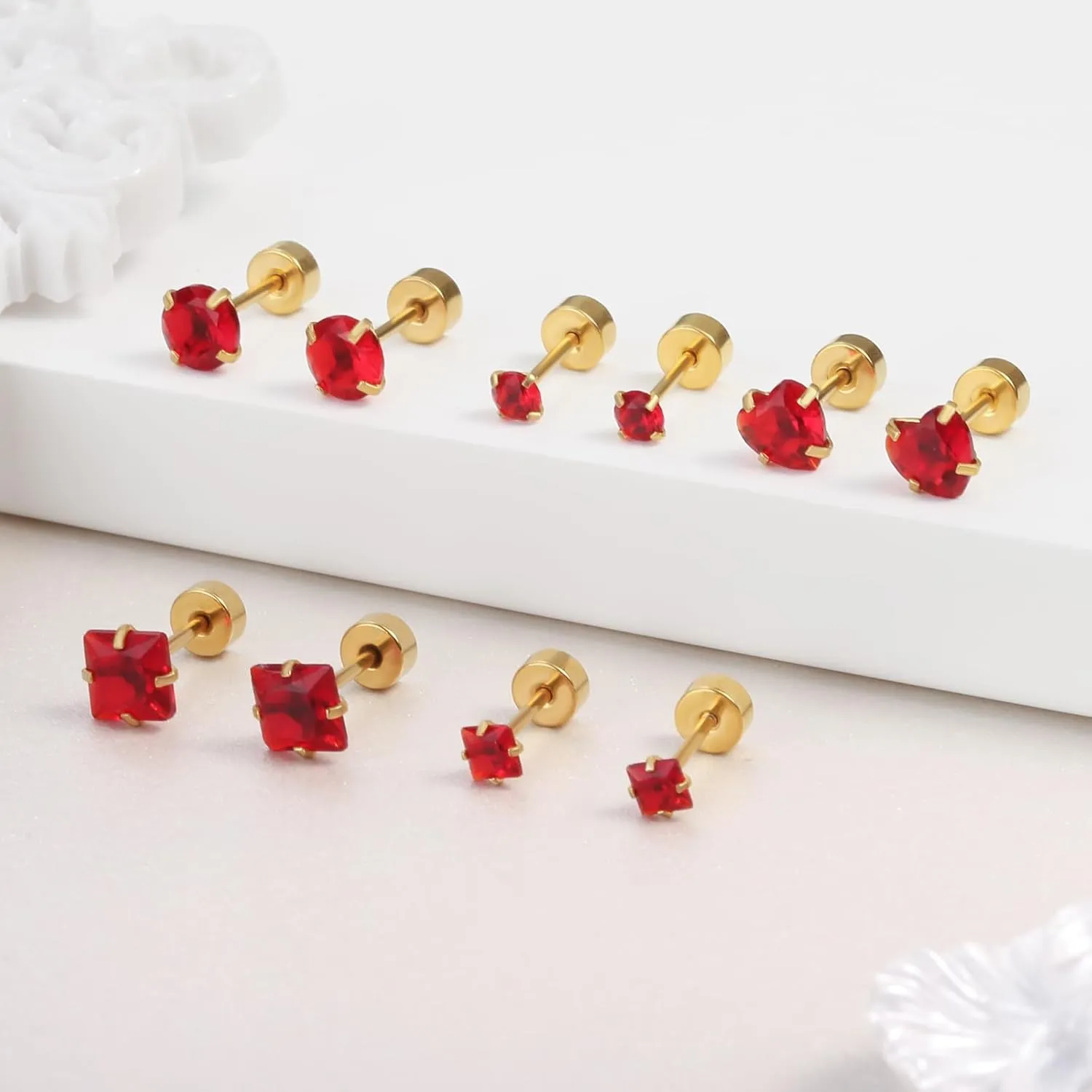 Red Stud Earrings for Women, Red Earrings as Flat Back Stud Earrings for Women, 18k Gold Hypoallergenic Earrings as Prom Jewelry and Birthday Gifts for Her, 2 Pairs