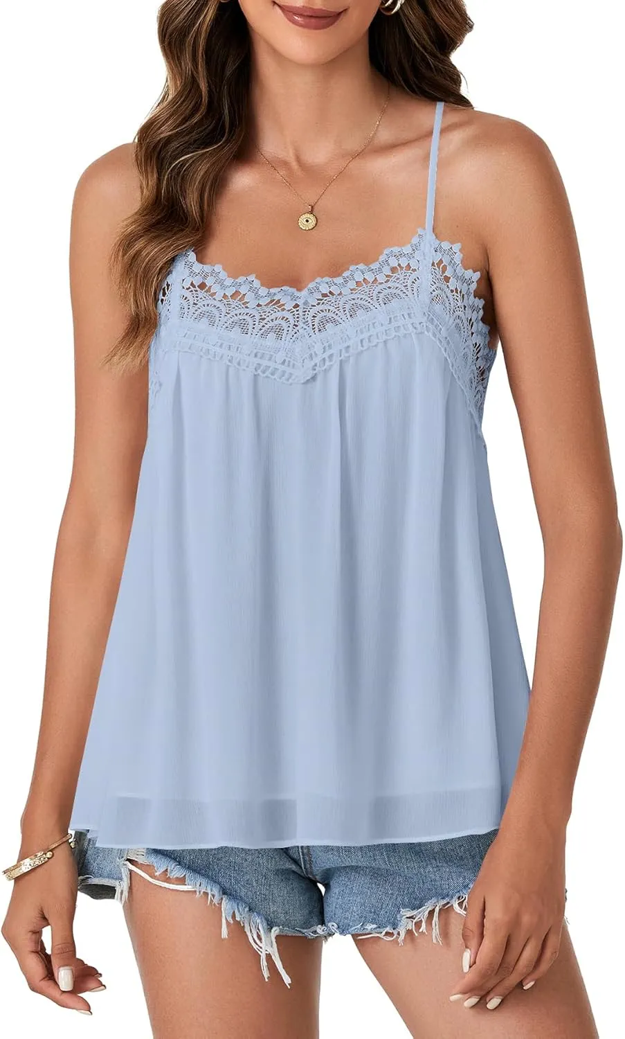 Vrtige Women's Summer Spaghetti Strap Sleeveless Lace Trim Loose Casual Flowy Cami Tank Top