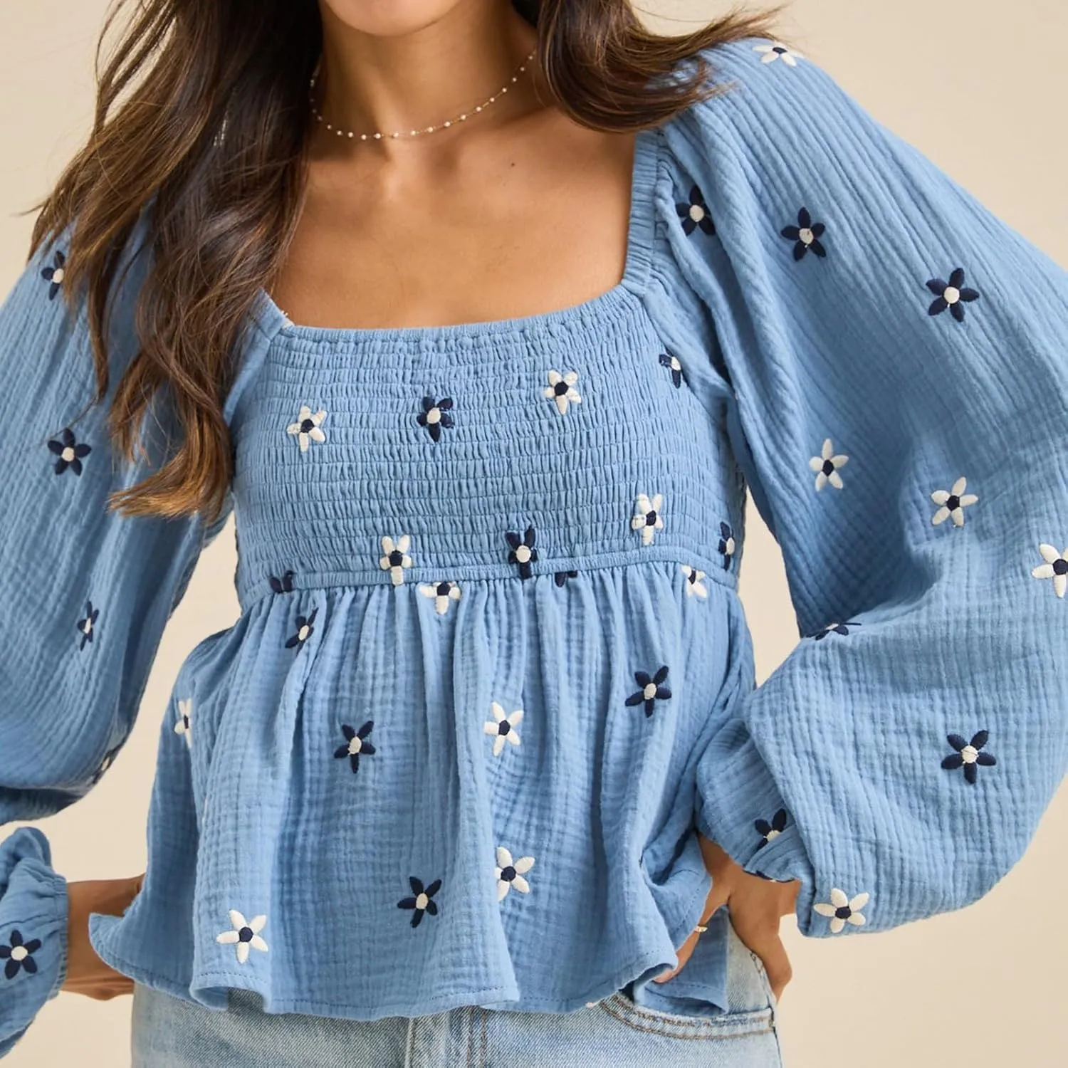 Women Floral Embroidered Blouses Long Balloon Sleeve Smocked Square Neck Vintage Casual Fall Tops