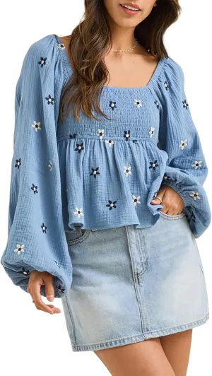 Women Floral Embroidered Blouses Long Balloon Sleeve Smocked Square Neck Vintage Casual Fall Tops