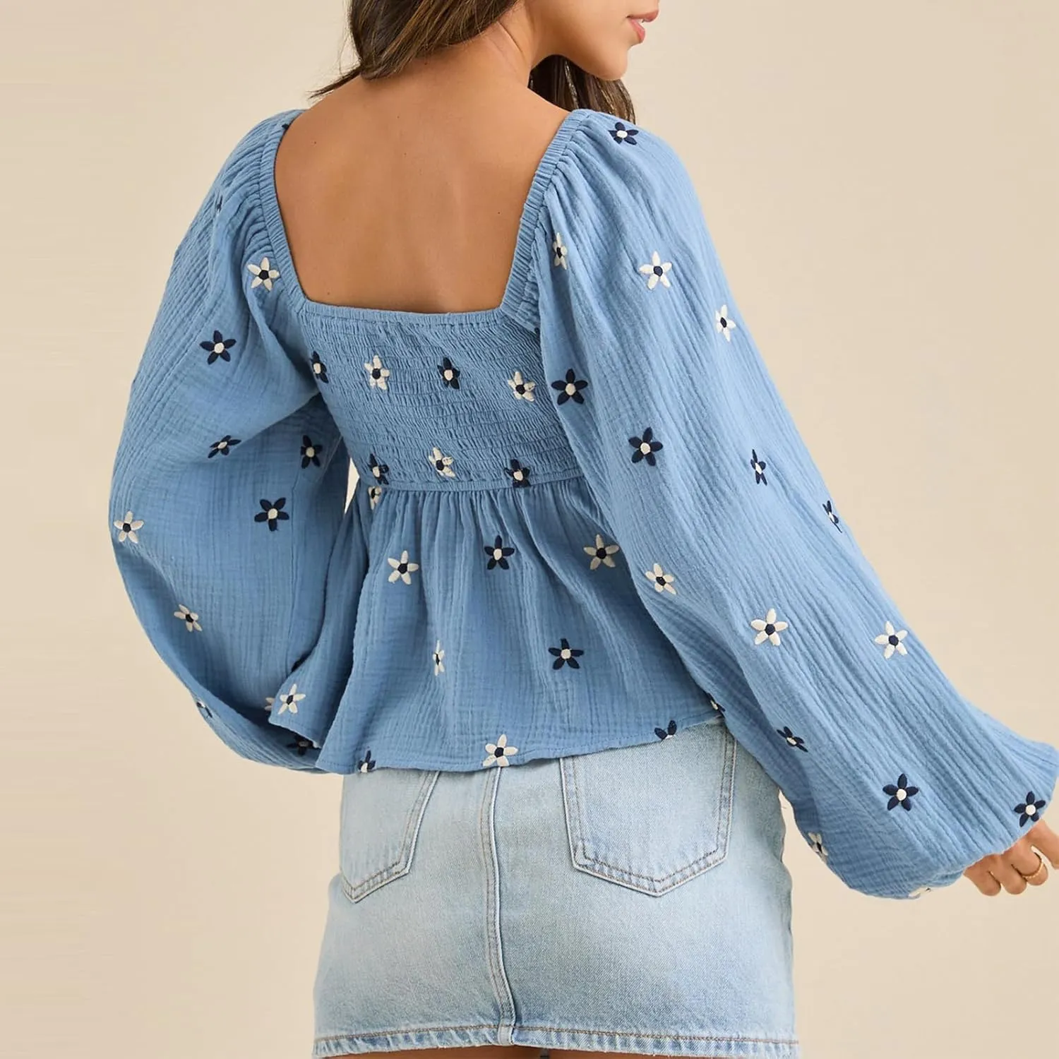Women Floral Embroidered Blouses Long Balloon Sleeve Smocked Square Neck Vintage Casual Fall Tops