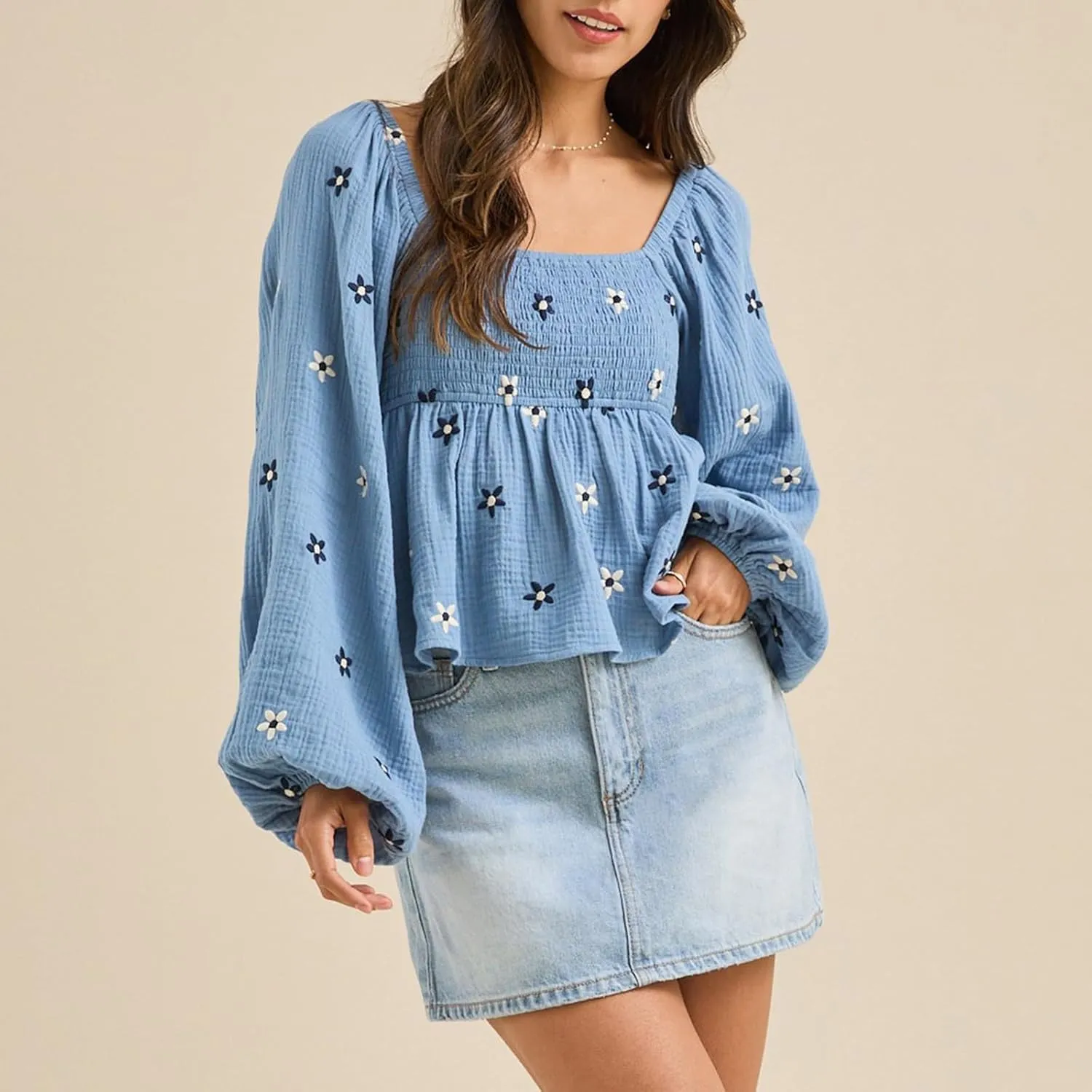 Women Floral Embroidered Blouses Long Balloon Sleeve Smocked Square Neck Vintage Casual Fall Tops