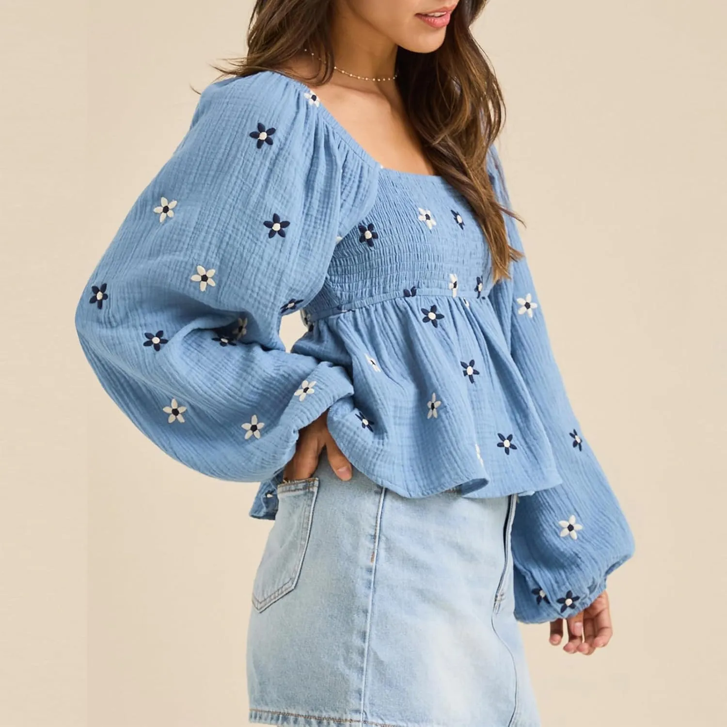 Women Floral Embroidered Blouses Long Balloon Sleeve Smocked Square Neck Vintage Casual Fall Tops