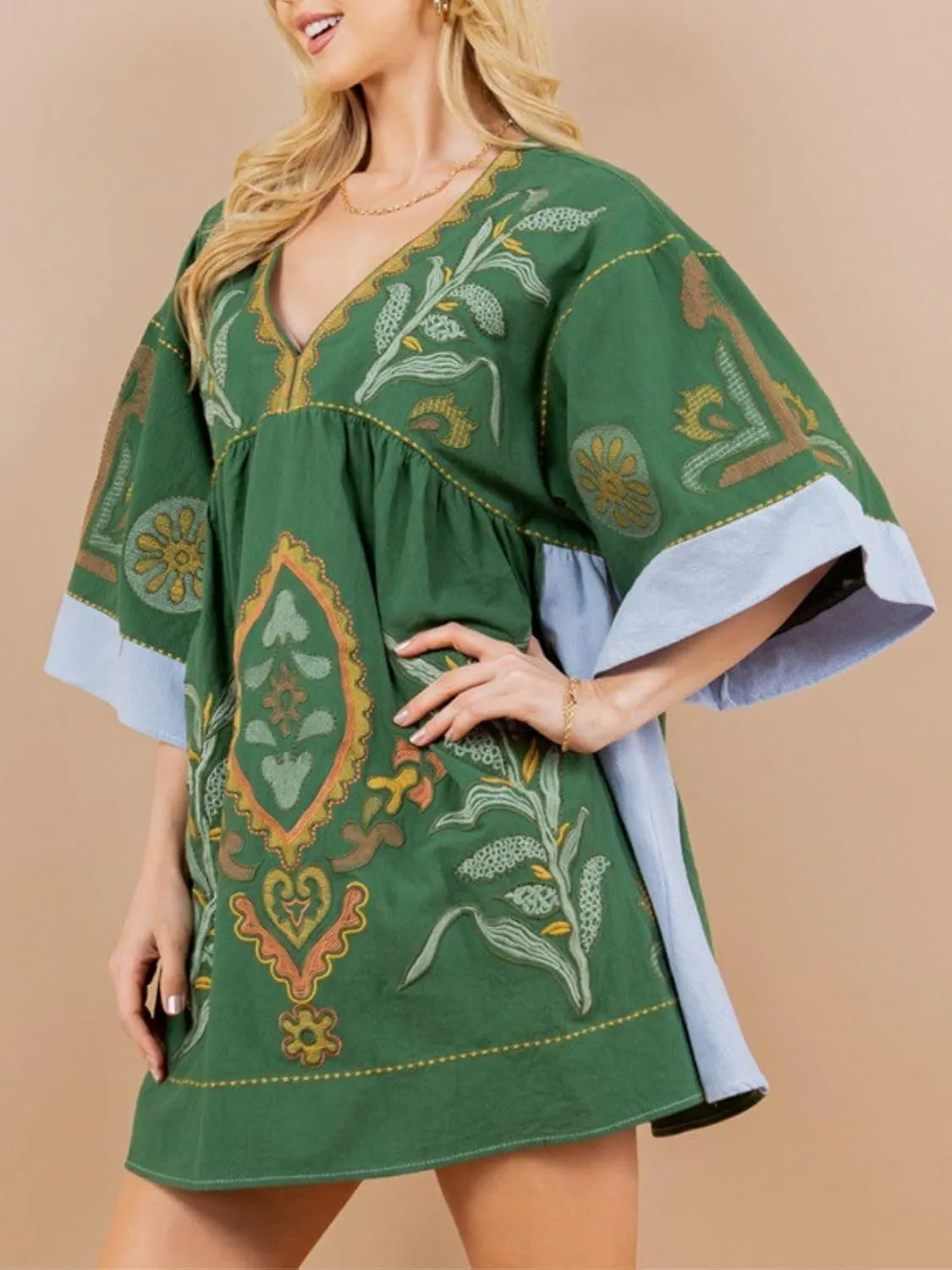 Womens Oversized Embroidered Dress with V-Neck and 3/4 Sleeves Vintage Embroidery Babydoll Dress