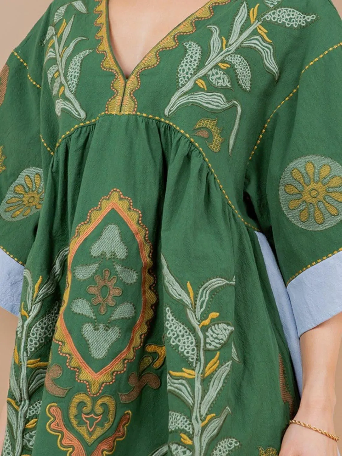 Womens Oversized Embroidered Dress with V-Neck and 3/4 Sleeves Vintage Embroidery Babydoll Dress