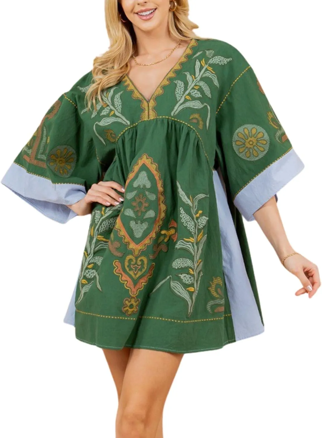 Womens Oversized Embroidered Dress with V-Neck and 3/4 Sleeves Vintage Embroidery Babydoll Dress