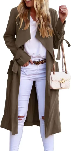 Women's Oversized Notched Collar Wool Blend Belted Open Front Midi Long Trench Coat with Pockets