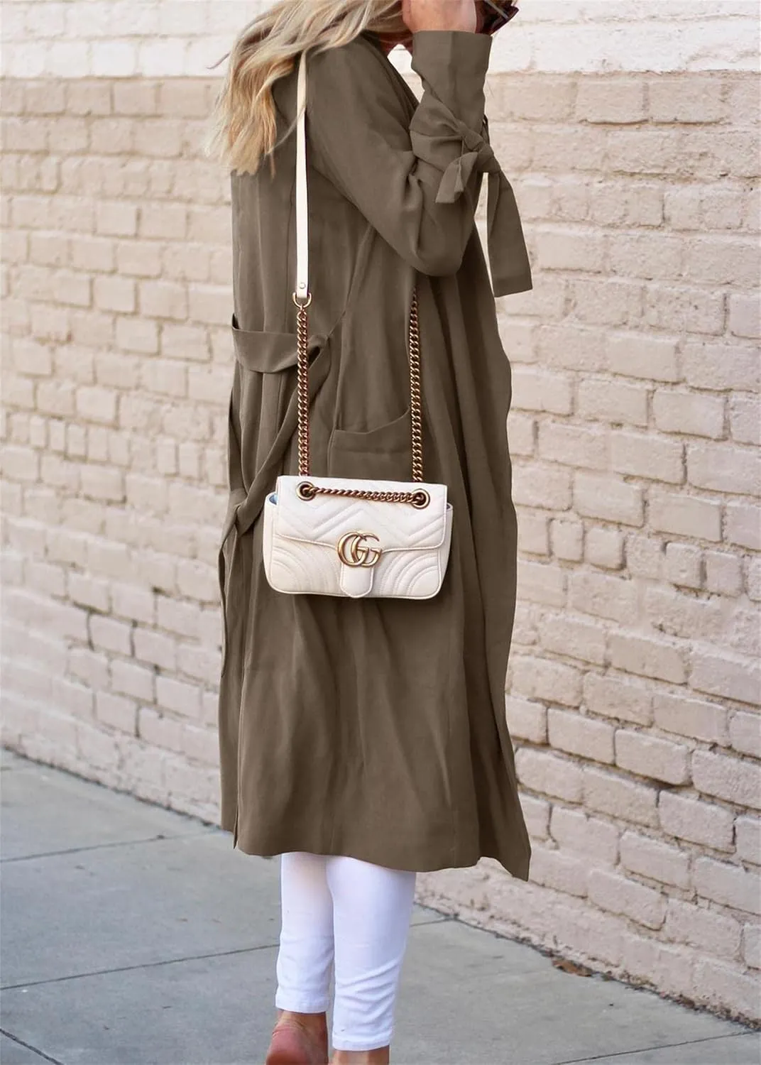 Women's Oversized Notched Collar Wool Blend Belted Open Front Midi Long Trench Coat with Pockets