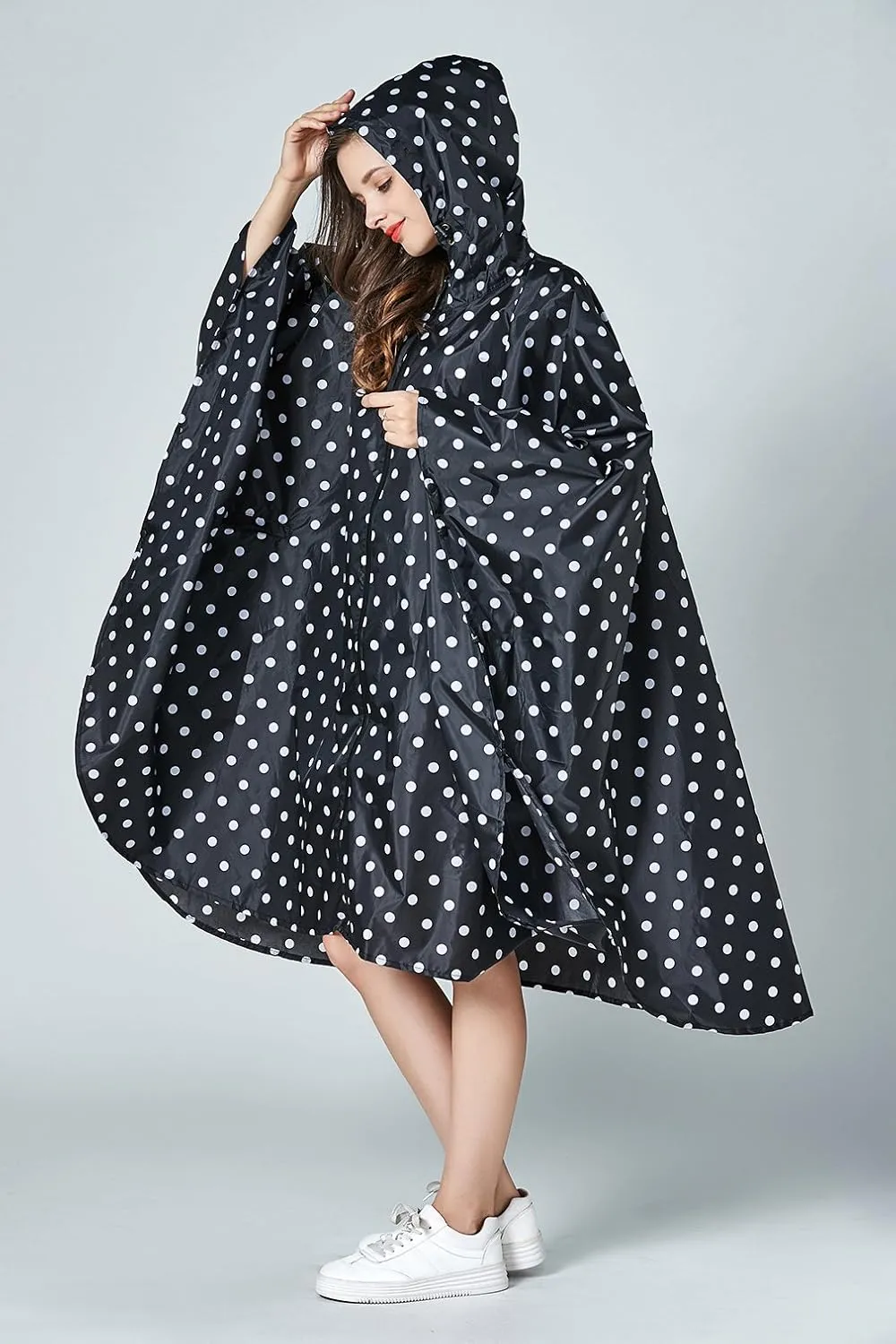 Womens Rain Poncho Stylish Polyester Waterproof Raincoat Free Size with Hood Zipper
