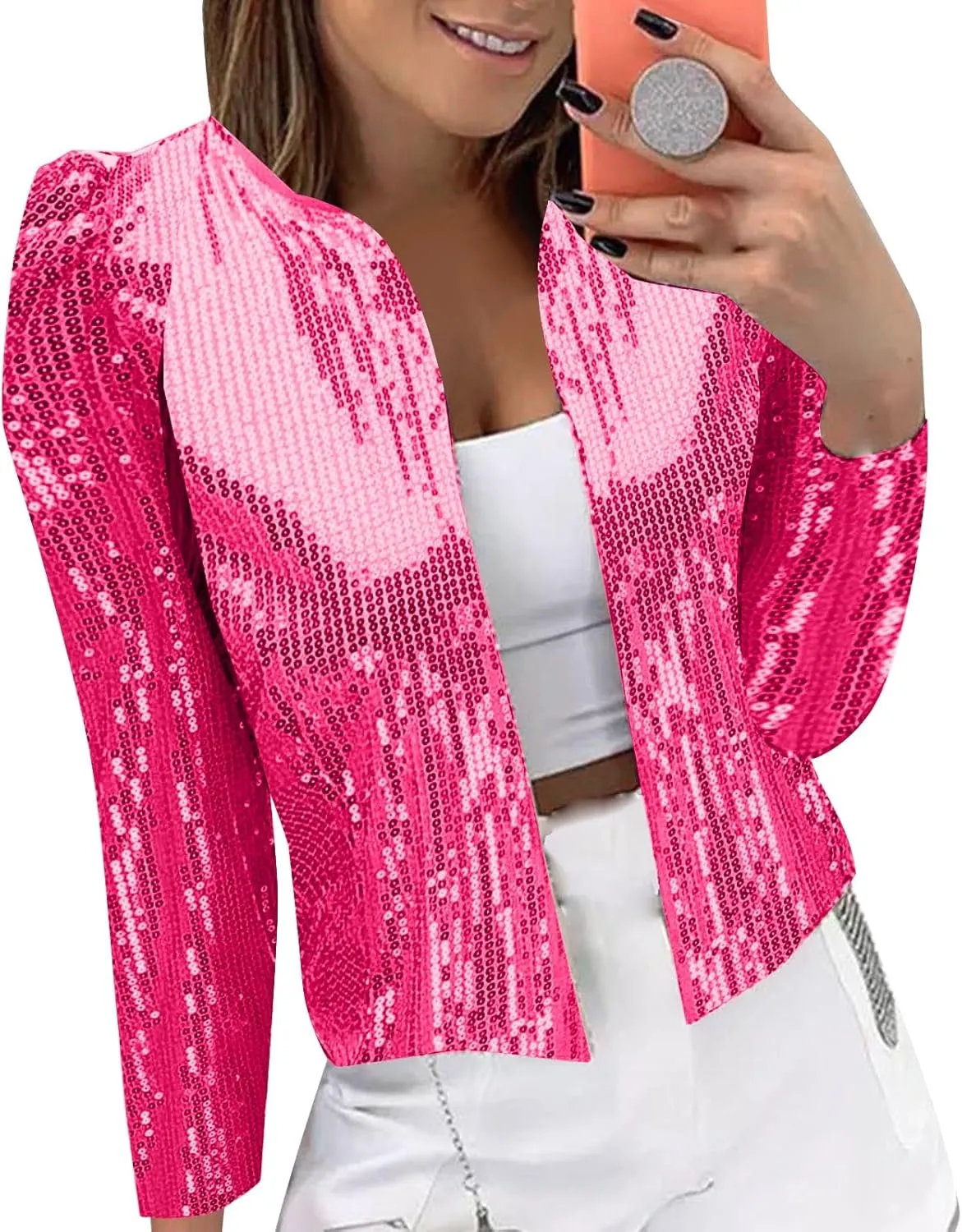 Women's Sequin Jackets Open Front Blazer Jacket Casual Long Sleeve Sparkly Cardigan 2025 Coat Mardi Gras Outfit