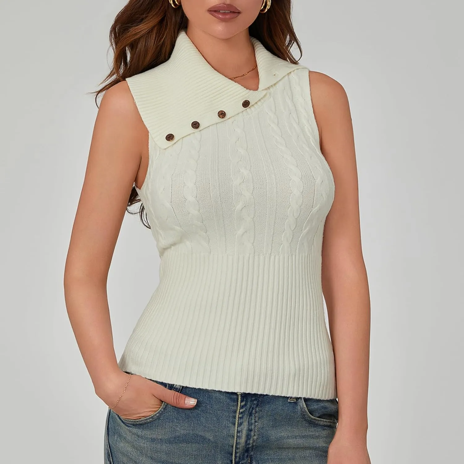 Women's Turtleneck Sweater Vest Sleeveless Cable Knit Tank Tops Tight Fitted Crop Tops Ribbed Hem