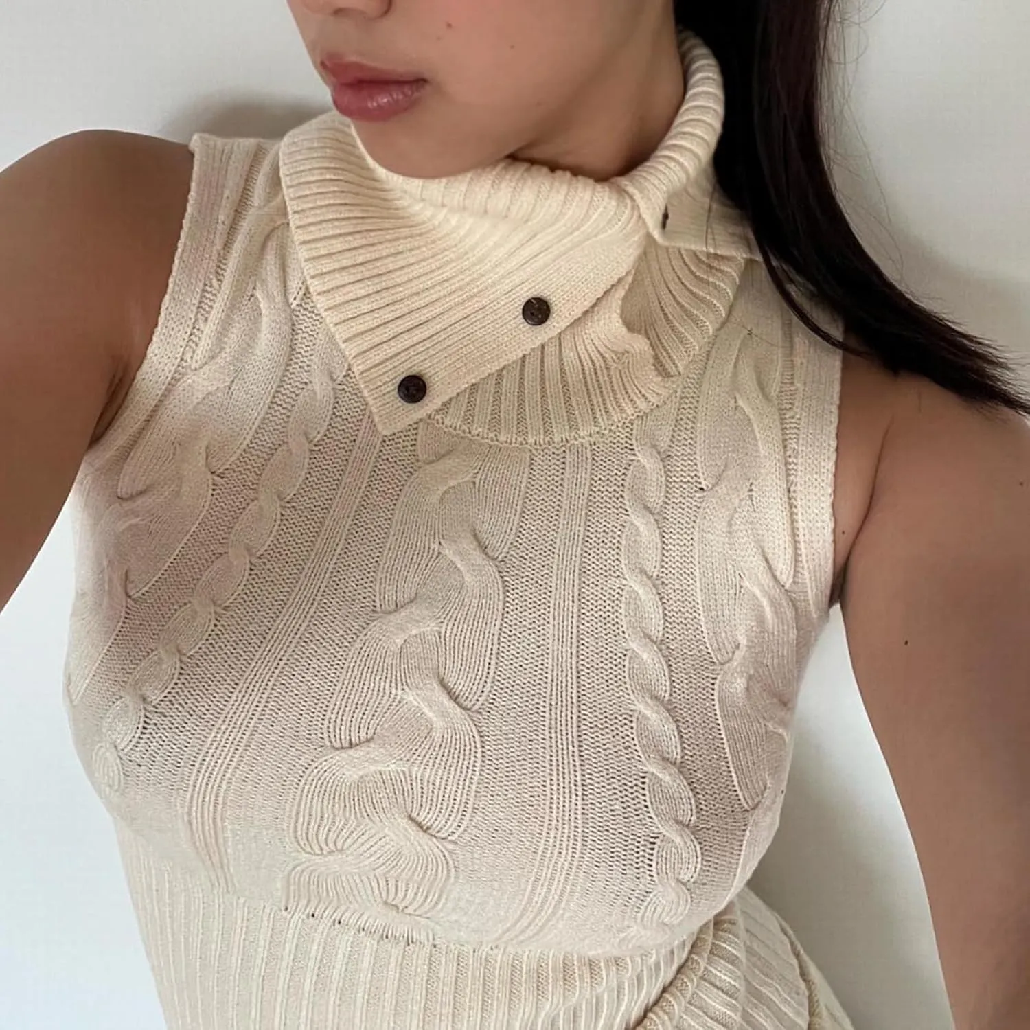 Women's Turtleneck Sweater Vest Sleeveless Cable Knit Tank Tops Tight Fitted Crop Tops Ribbed Hem