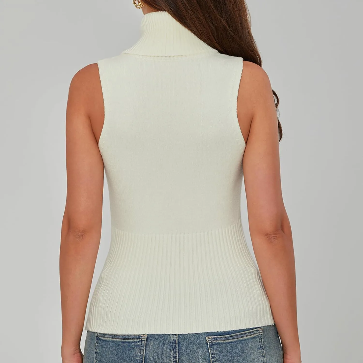 Women's Turtleneck Sweater Vest Sleeveless Cable Knit Tank Tops Tight Fitted Crop Tops Ribbed Hem
