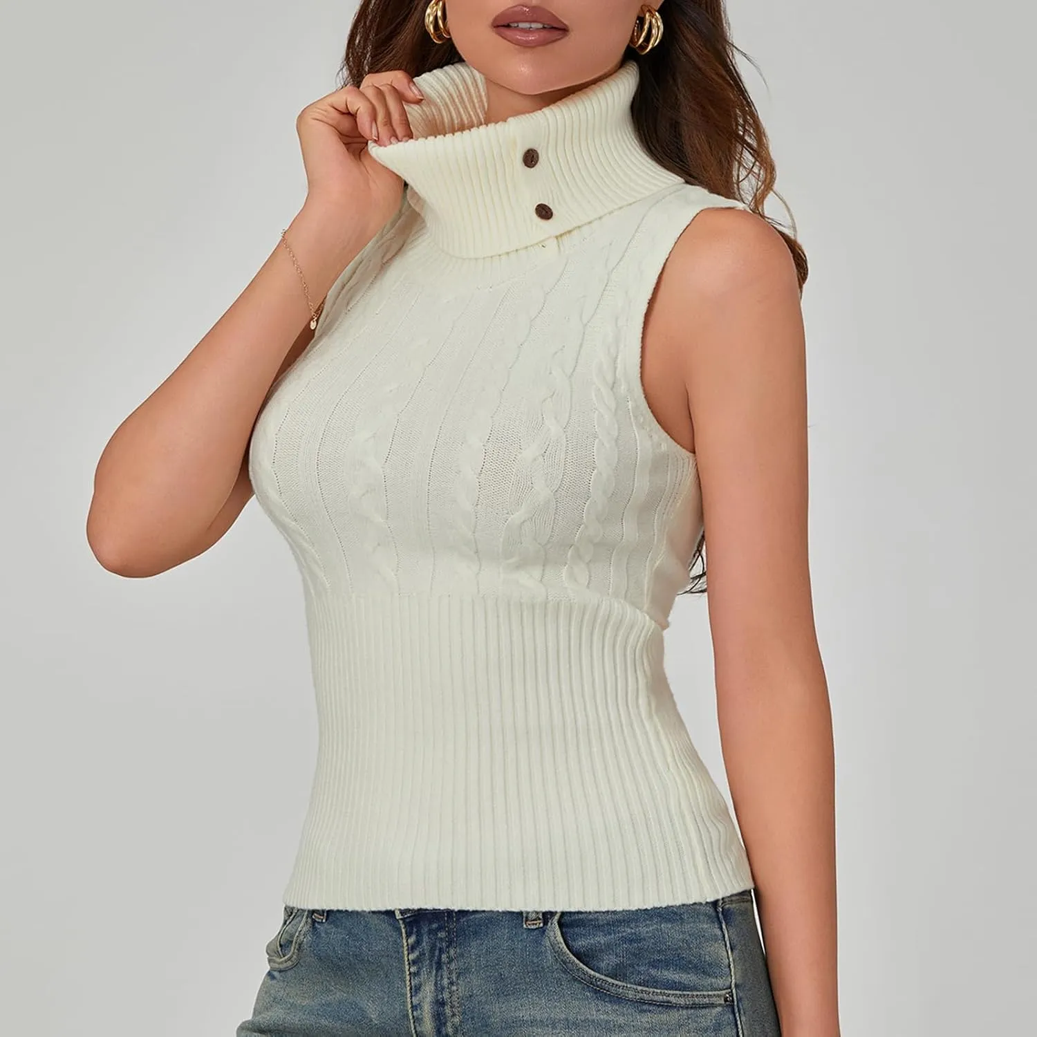 Women's Turtleneck Sweater Vest Sleeveless Cable Knit Tank Tops Tight Fitted Crop Tops Ribbed Hem